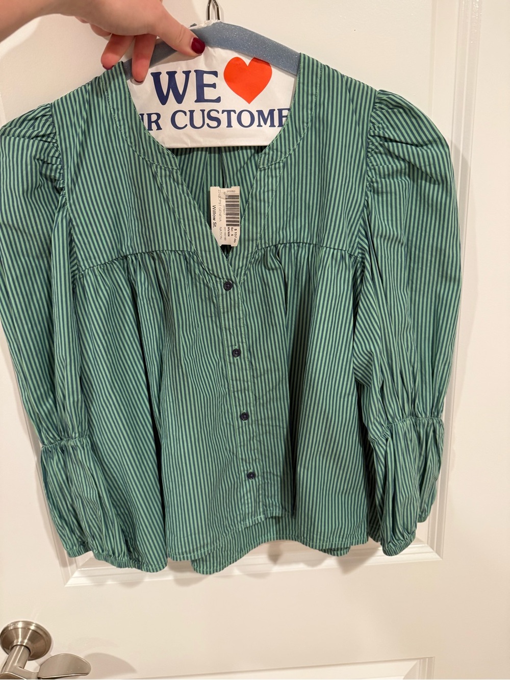 NWT Nation Green Striped Button-Front Peasant Top